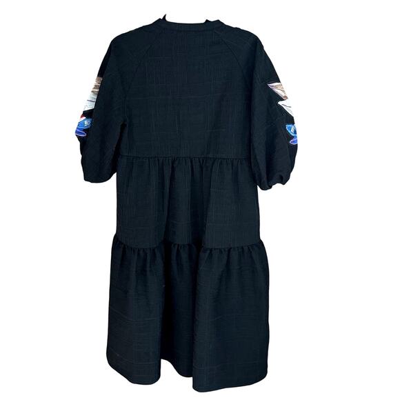 Stella Jean Bird Embroidered Short Sleeve Tiered Midi Dress Black. - Picture 3 of 6